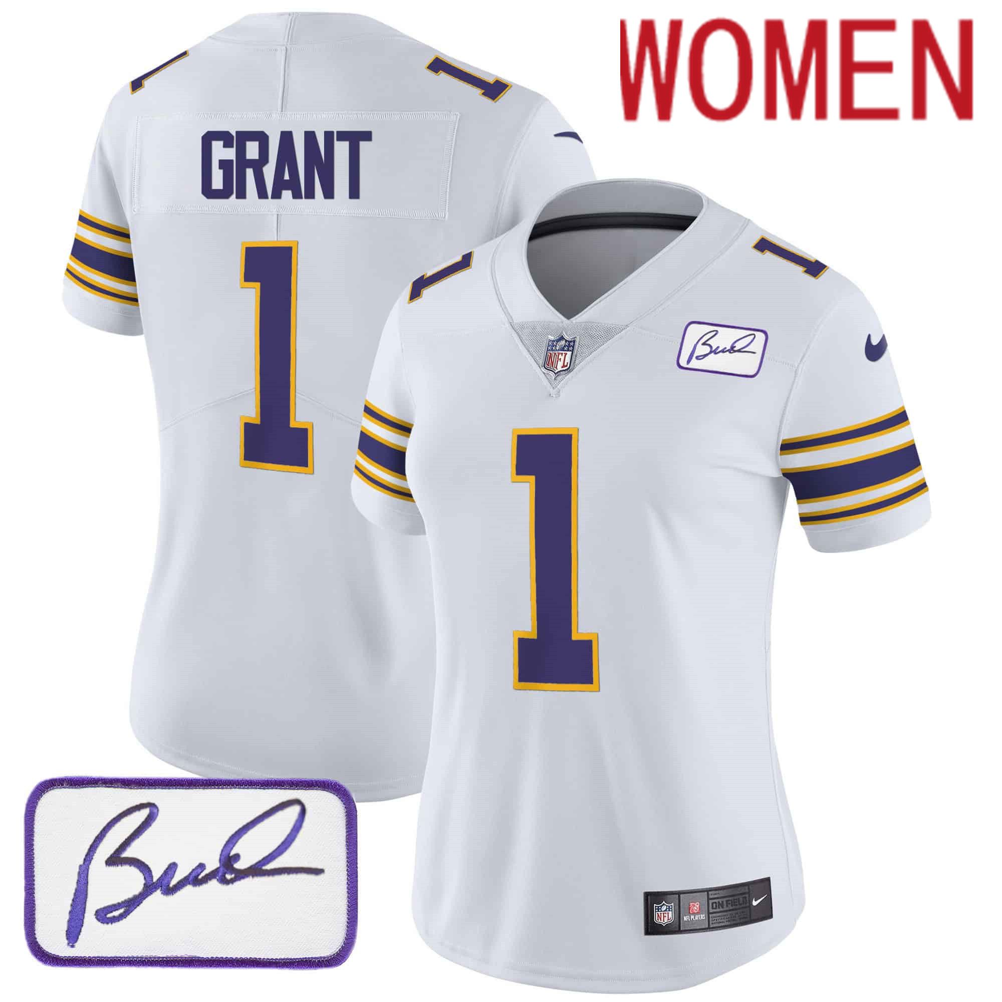 Women Minnesota Vikings 1 Grant White 2024 Nike Bud Grant Patch Classic Limited NFL Jersey